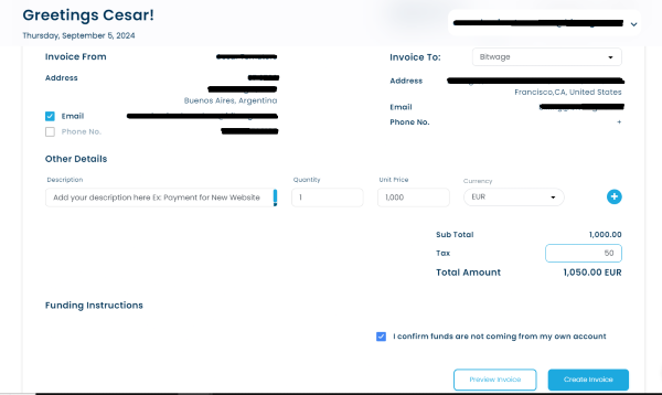 An image showing off the Invoice feature within Bitwage app