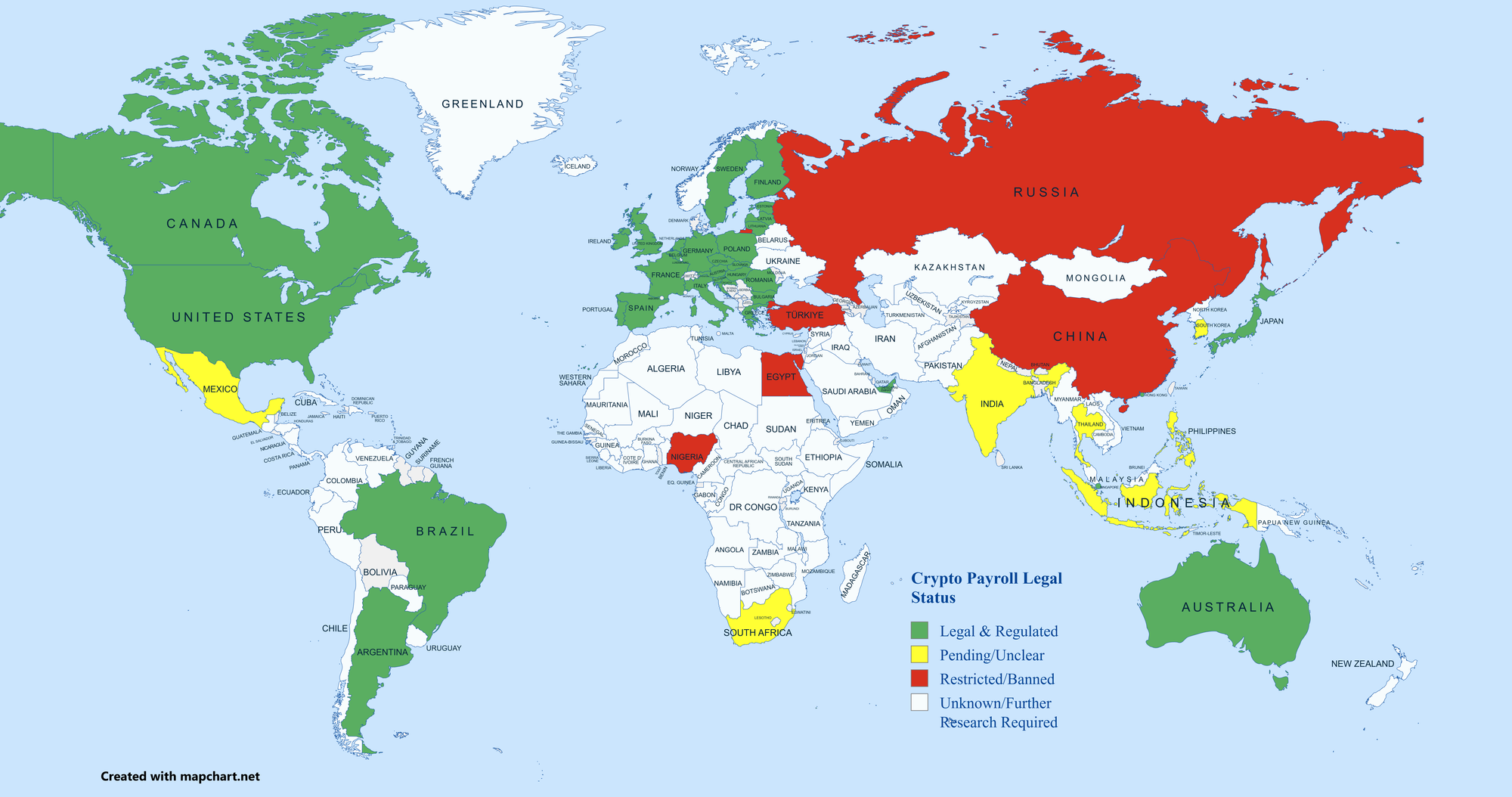 A globe of the world and crypto payroll legal status